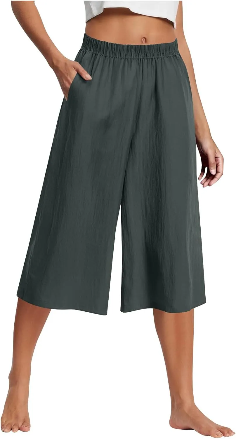 Wide Leg Linen Pants for Women Plus Size Summer Dressy Casual Capri Pants Summer Baggy Beach Cropped Trousers 2025