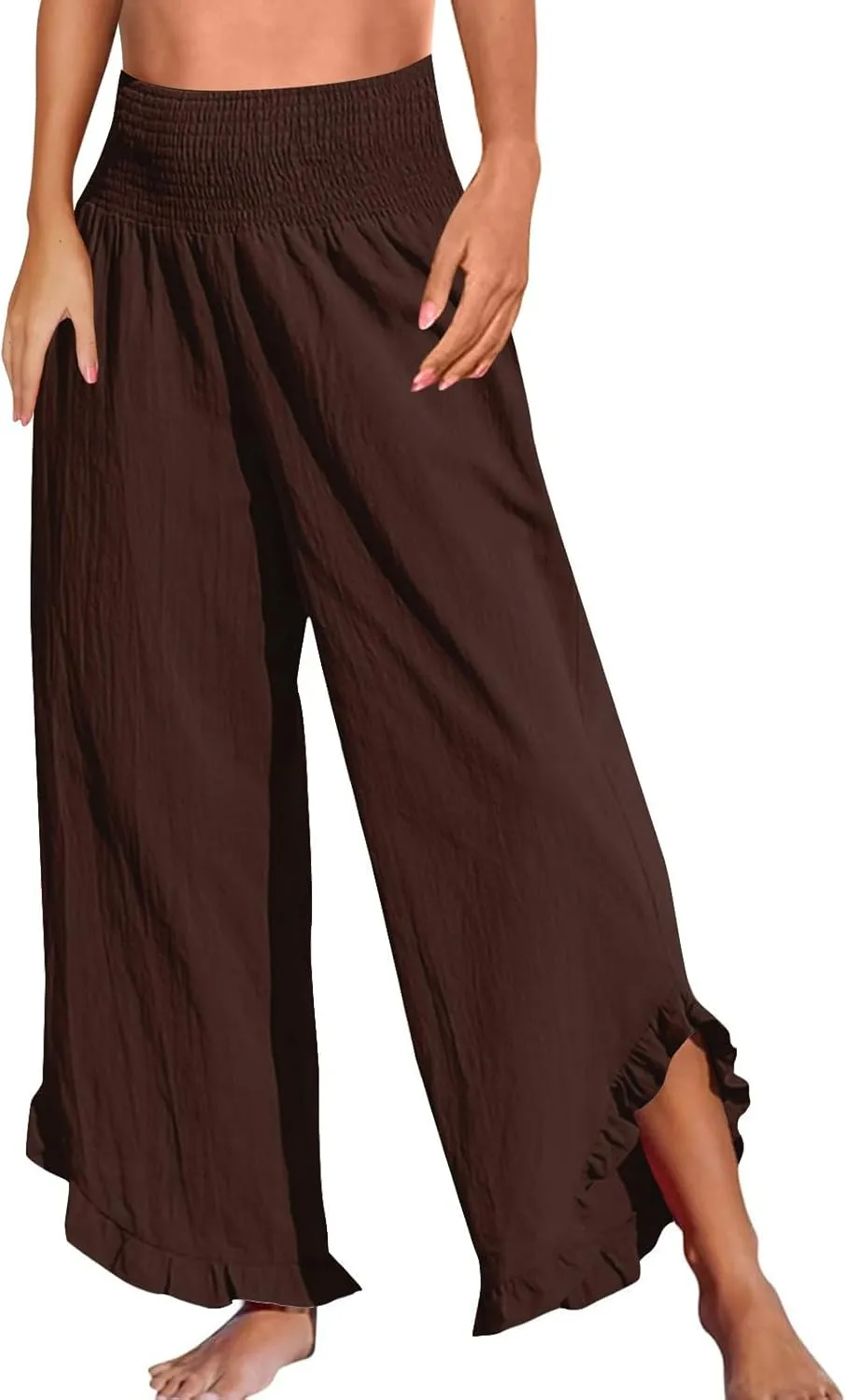 Wide Leg Linen Pants for Women Plus Szie Smocked High Waisted Ruffle Lounge Pants Gauze Summer Pants for Women 2025