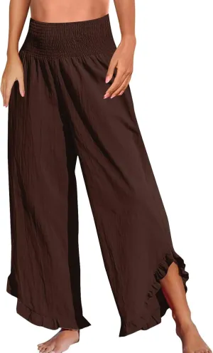 Wide Leg Linen Pants for Women Plus Szie Smocked High Waisted Ruffle Lounge Pants Gauze Summer Pants for Women 2025