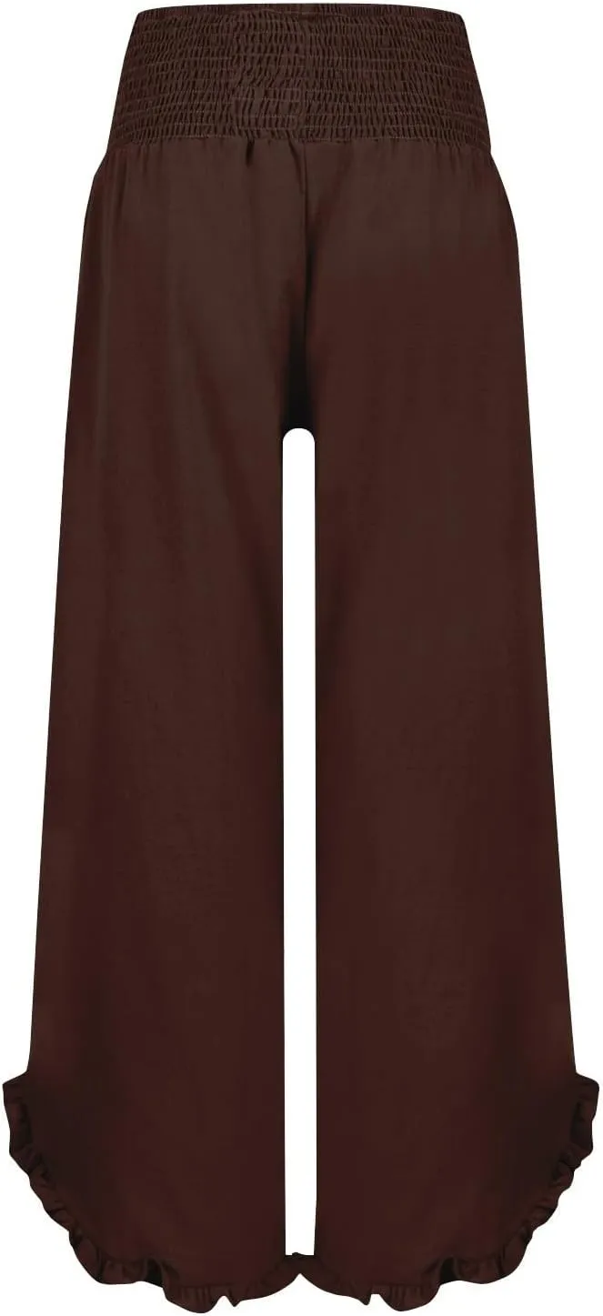 Wide Leg Linen Pants for Women Plus Szie Smocked High Waisted Ruffle Lounge Pants Gauze Summer Pants for Women 2025