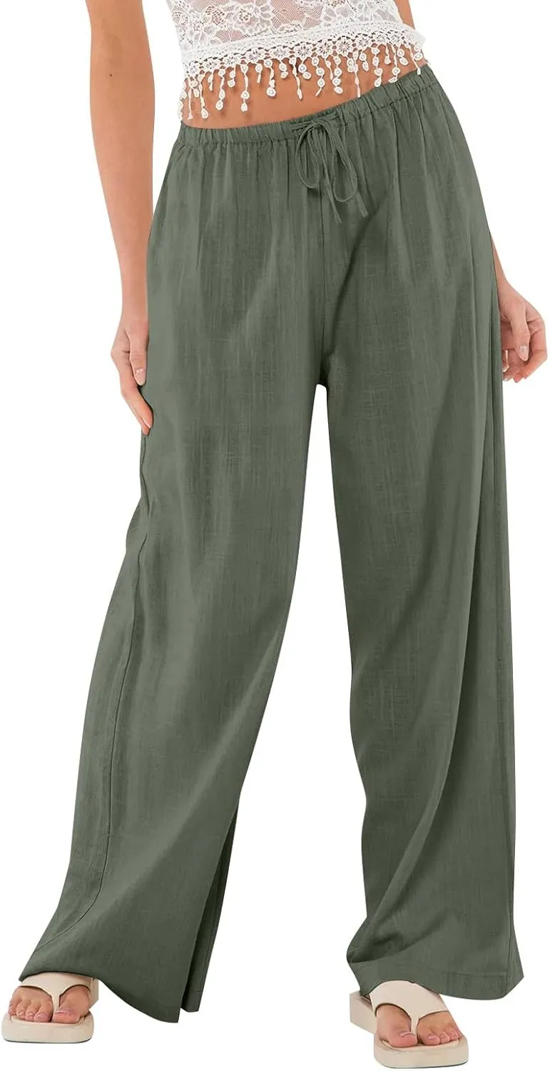 Wide Leg Linen Pants for Women Summer Loose Drawstring Elastic Low Rise Pants with Pockets Comfy Casual Outfits