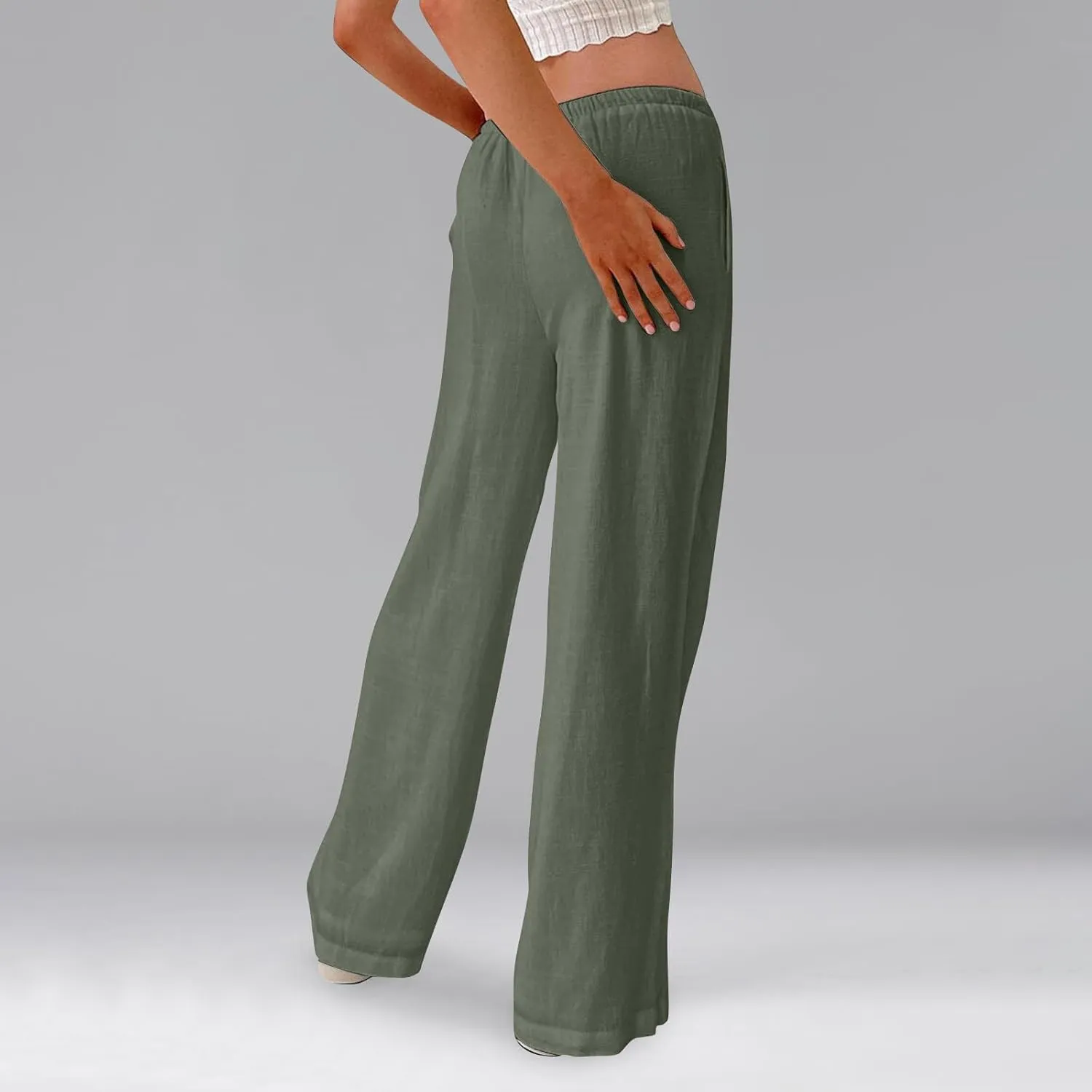 Wide Leg Linen Pants for Women Summer Loose Drawstring Elastic Low Rise Pants with Pockets Comfy Casual Outfits