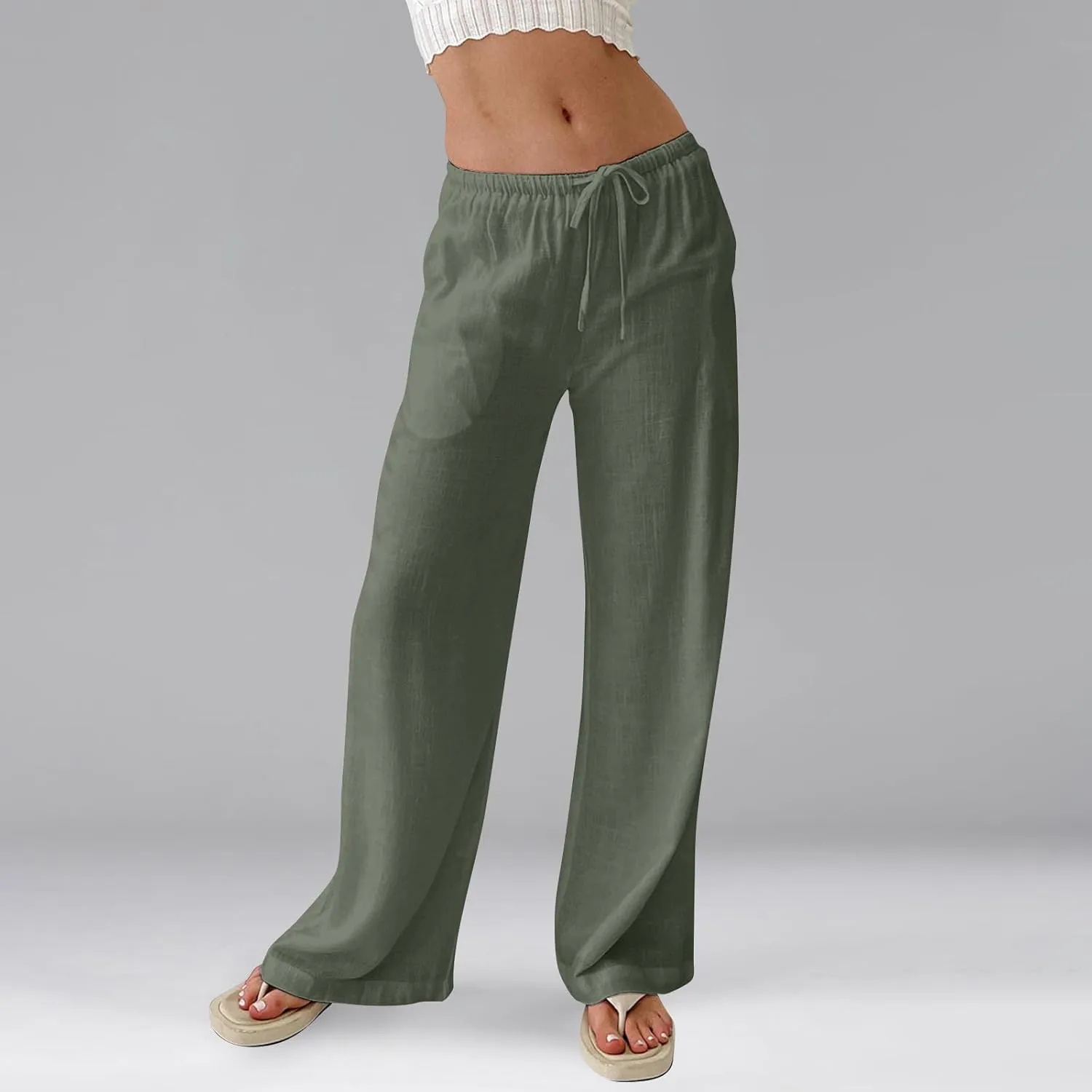 Wide Leg Linen Pants for Women Summer Loose Drawstring Elastic Low Rise Pants with Pockets Comfy Casual Outfits
