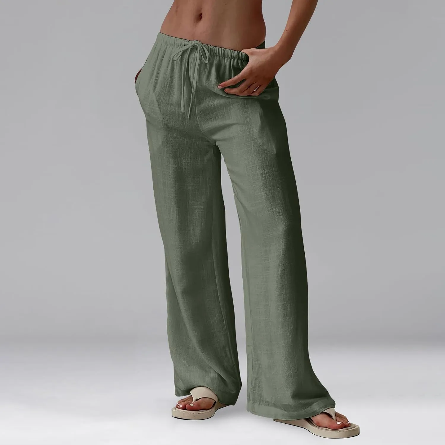 Wide Leg Linen Pants for Women Summer Loose Drawstring Elastic Low Rise Pants with Pockets Comfy Casual Outfits