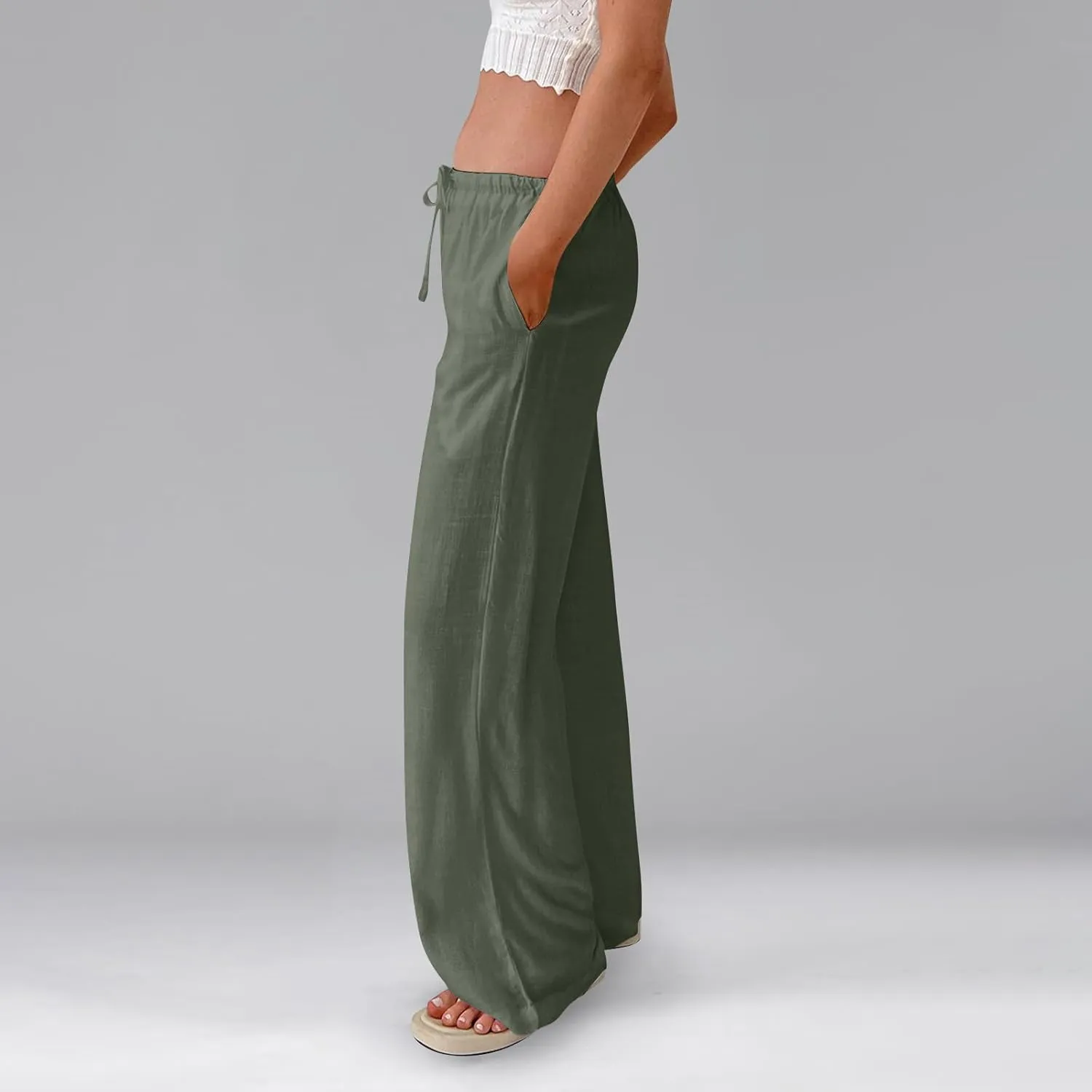 Wide Leg Linen Pants for Women Summer Loose Drawstring Elastic Low Rise Pants with Pockets Comfy Casual Outfits