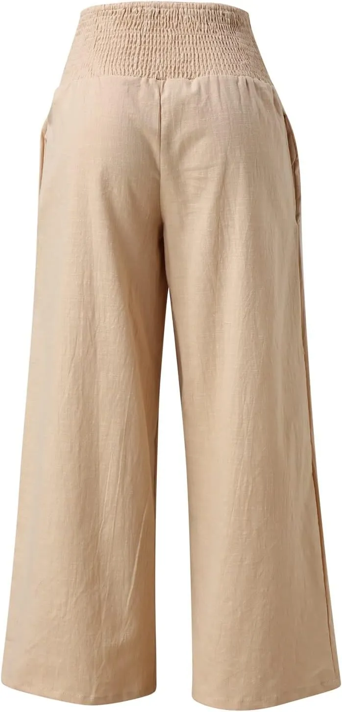 Wide Leg Pants for Women High Smocked Waist Comfy Loose Fit Flowy Summer Beach Lightweight Palazzo Trousers with Pockets