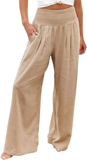 Wide Leg Pants for Women High Smocked Waist Comfy Loose Fit Flowy Summer Beach Lightweight Palazzo Trousers with Pockets