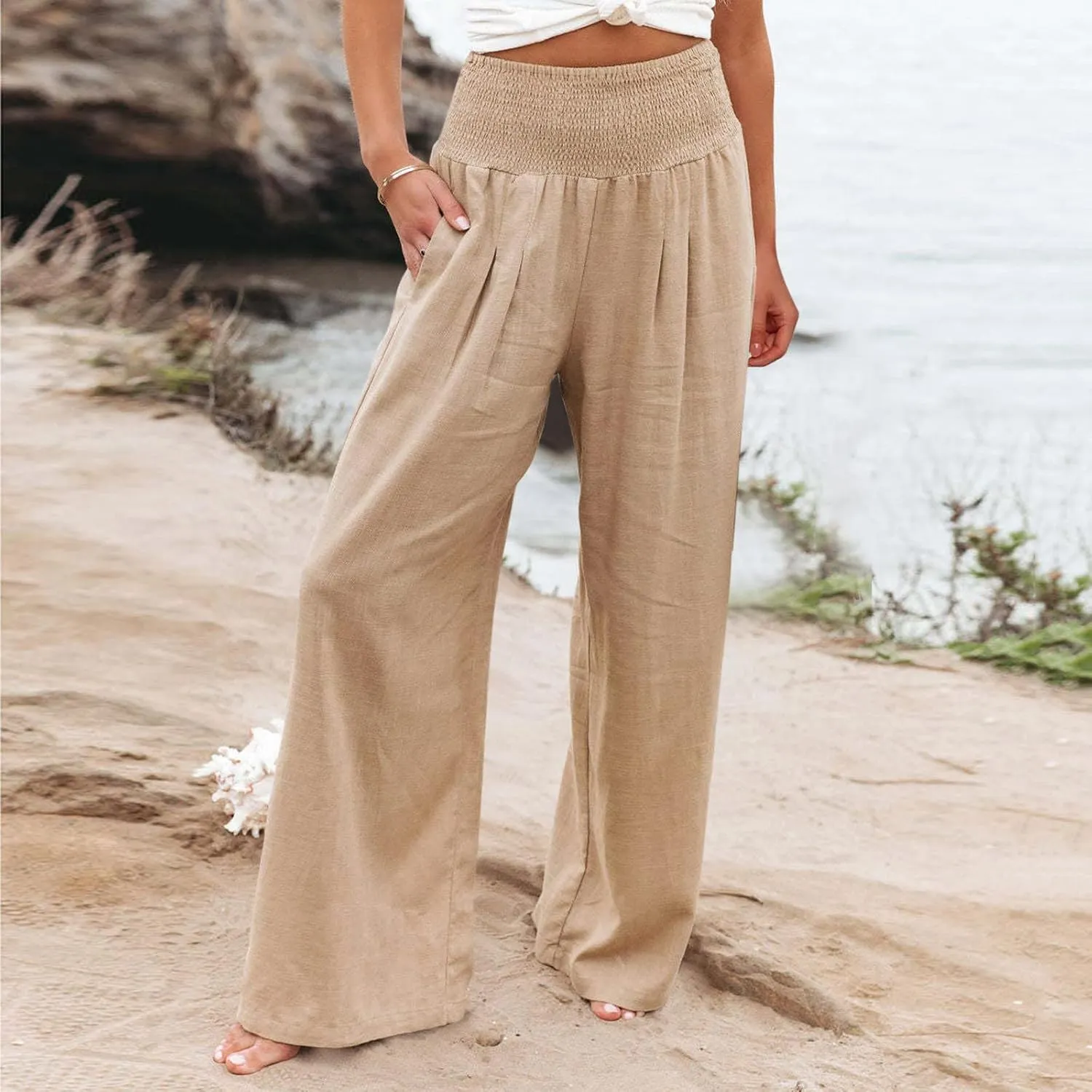 Wide Leg Pants for Women High Smocked Waist Comfy Loose Fit Flowy Summer Beach Lightweight Palazzo Trousers with Pockets