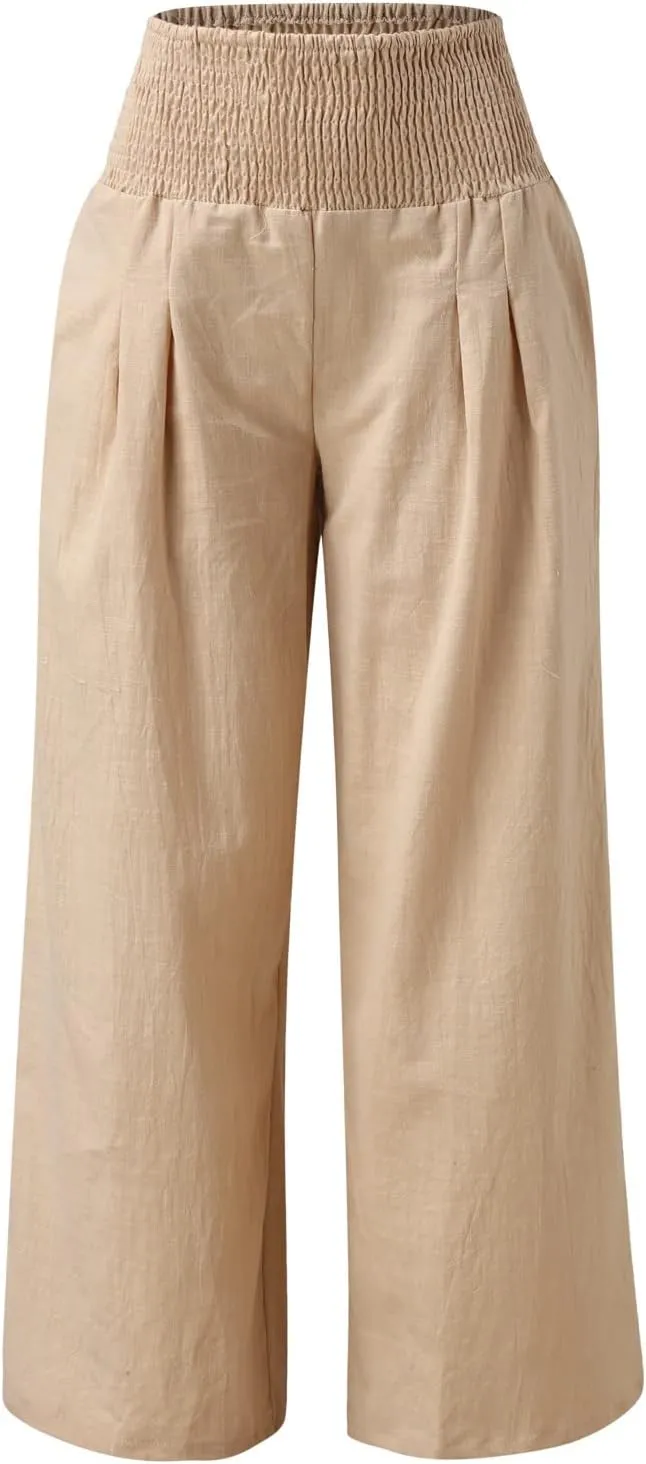 Wide Leg Pants for Women High Smocked Waist Comfy Loose Fit Flowy Summer Beach Lightweight Palazzo Trousers with Pockets