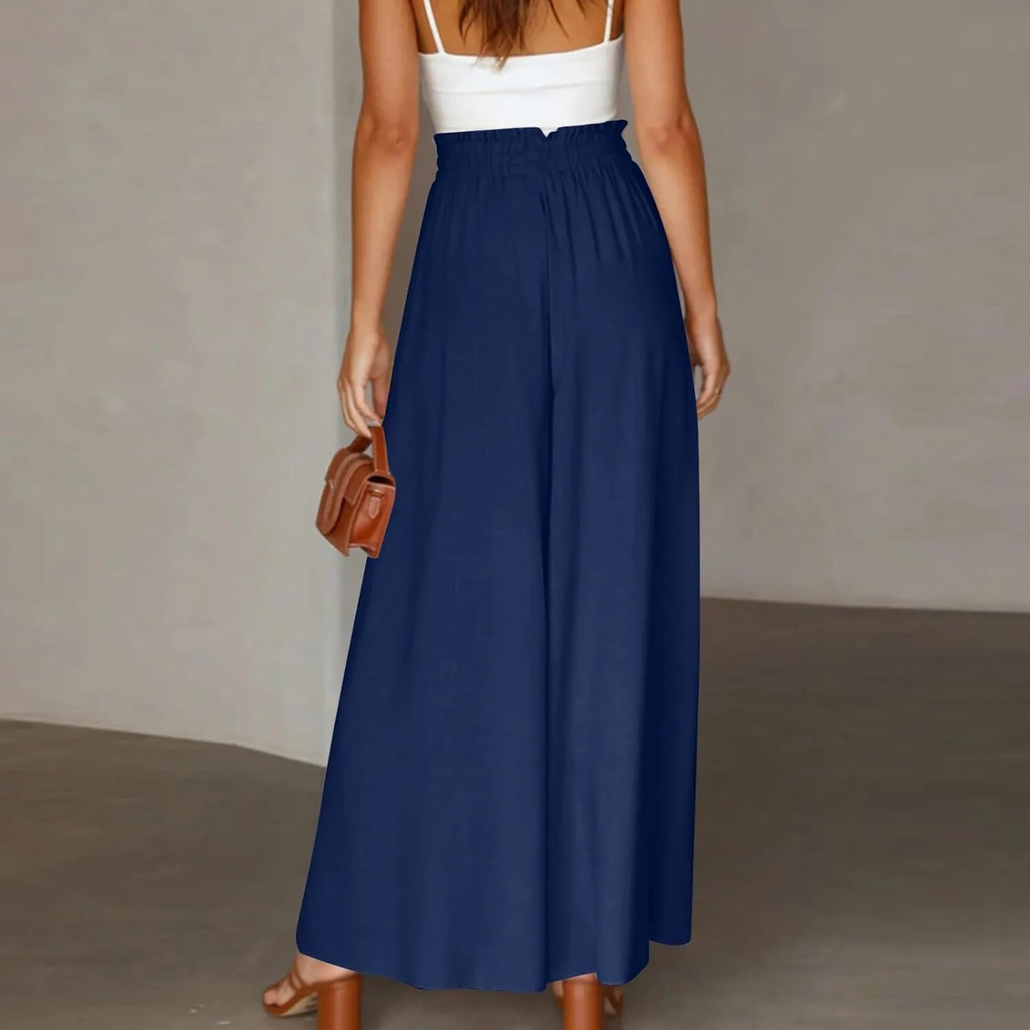 Wide Leg Pants Woman Casual High Waist Drawstring Pants Summer Baggy Flowy Chiffon Palazzo Pant Lounge Beach Trousers