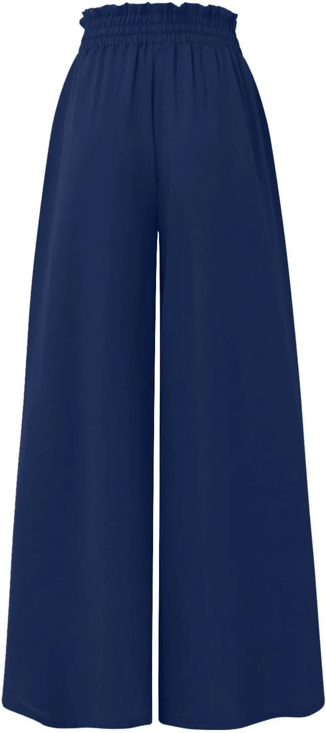 Wide Leg Pants Woman Casual High Waist Drawstring Pants Summer Baggy Flowy Chiffon Palazzo Pant Lounge Beach Trousers