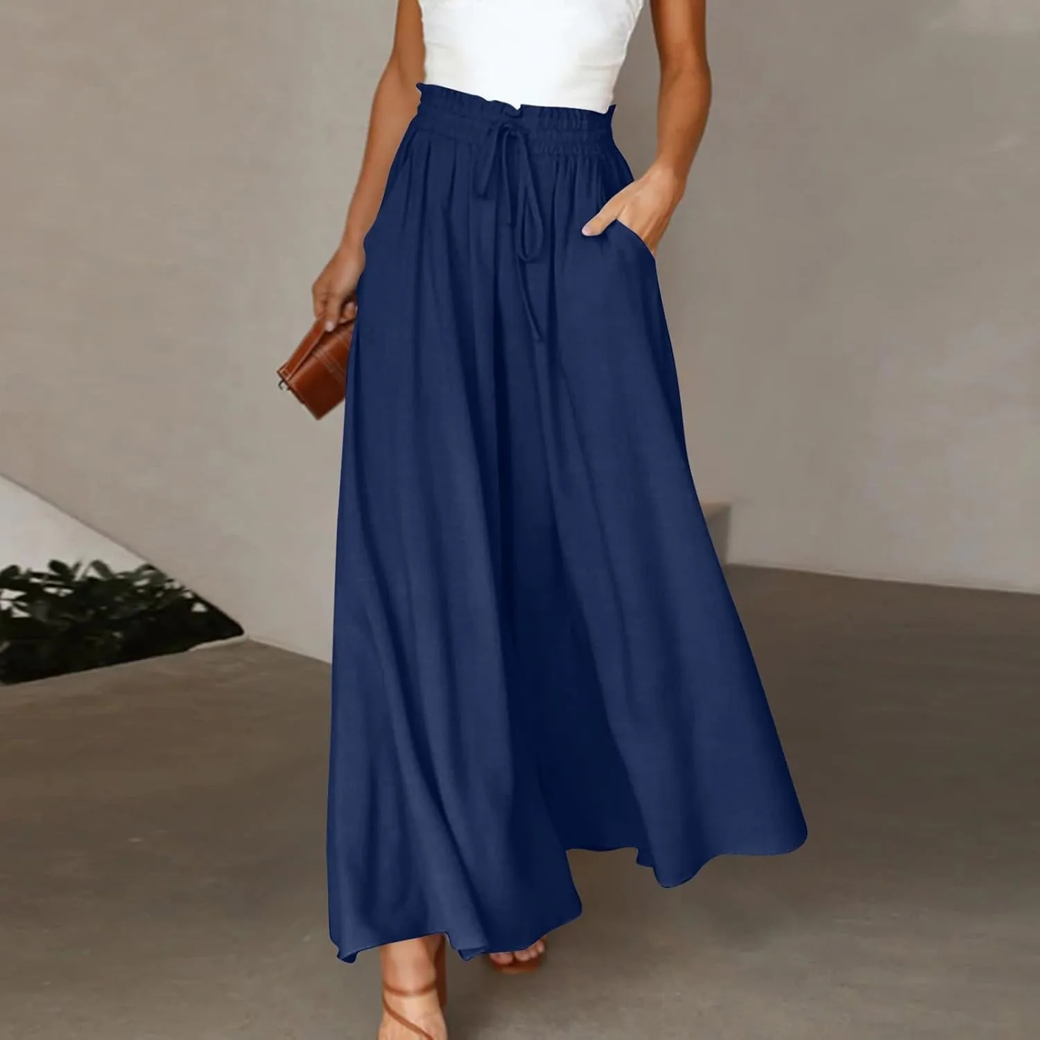 Wide Leg Pants Woman Casual High Waist Drawstring Pants Summer Baggy Flowy Chiffon Palazzo Pant Lounge Beach Trousers