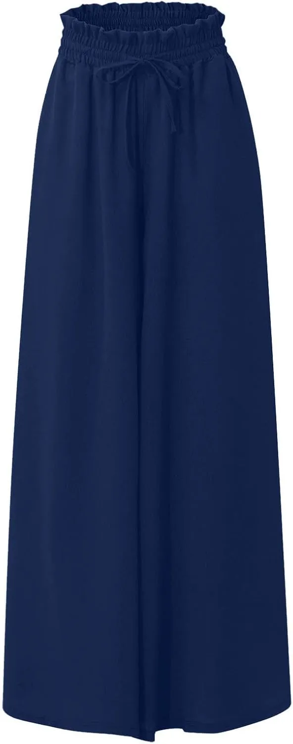 Wide Leg Pants Woman Casual High Waist Drawstring Pants Summer Baggy Flowy Chiffon Palazzo Pant Lounge Beach Trousers