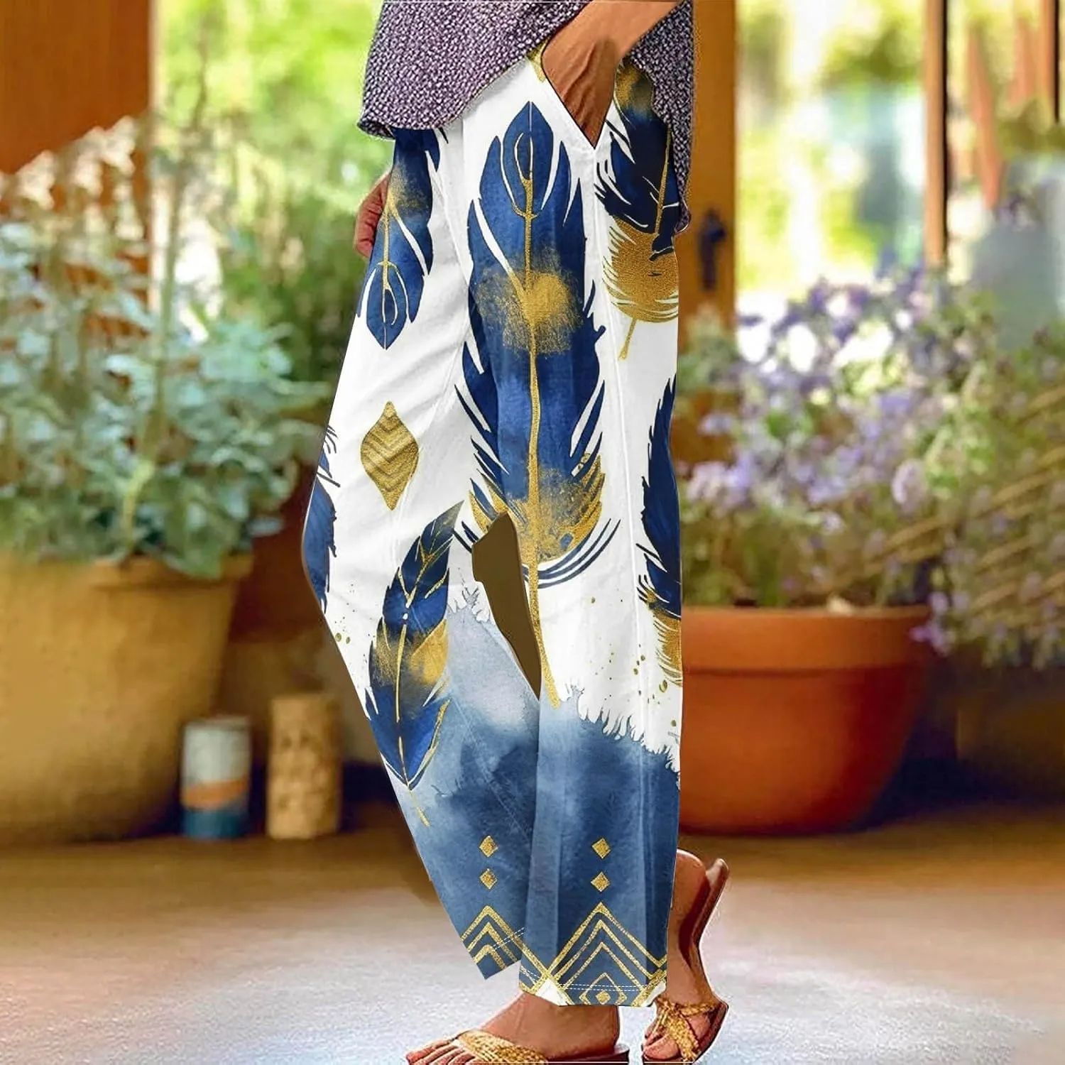 Woman Wide Leg Linen Pants 2025 Women's Botanical Floral Print Loose Pocket Casual Cotton and Linen Pants