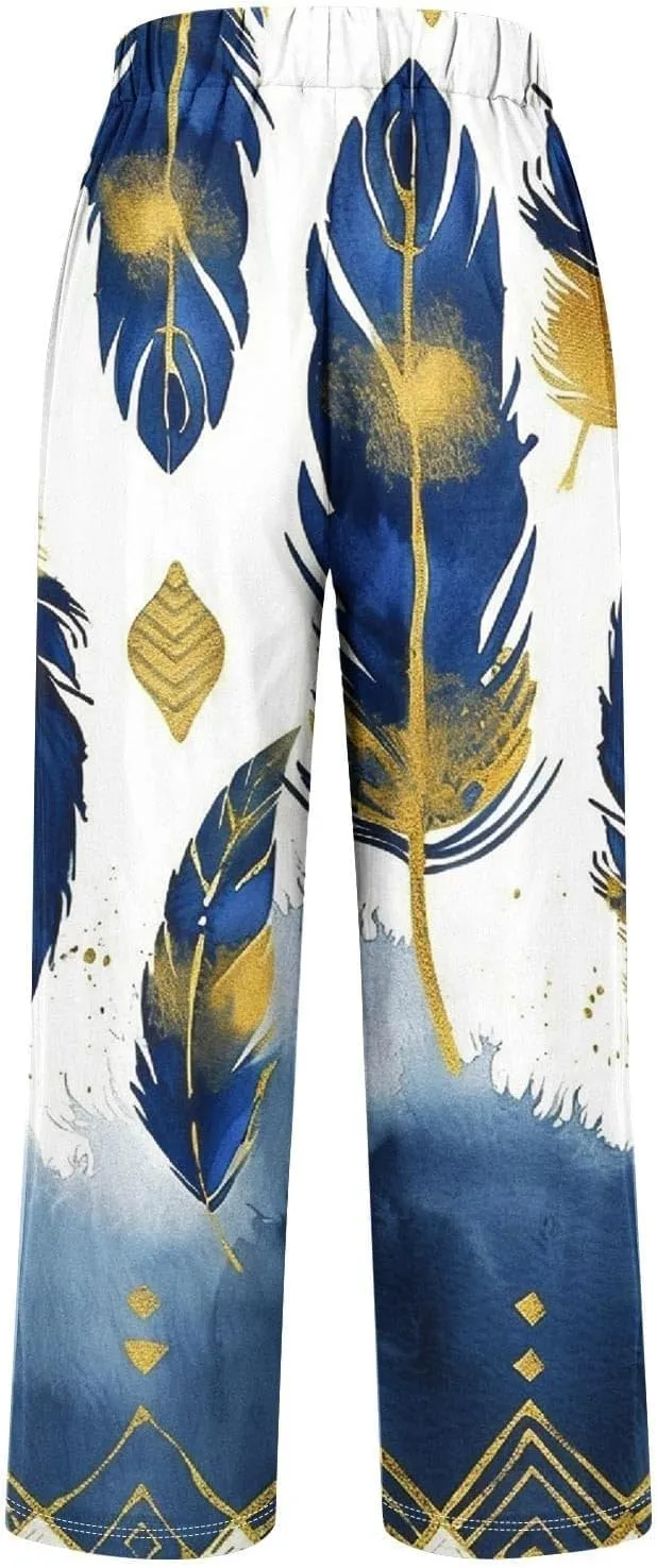 Woman Wide Leg Linen Pants 2025 Women's Botanical Floral Print Loose Pocket Casual Cotton and Linen Pants