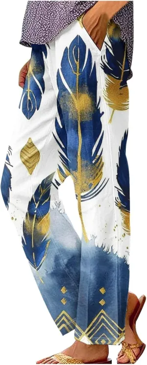 Woman Wide Leg Linen Pants 2025 Women's Botanical Floral Print Loose Pocket Casual Cotton and Linen Pants
