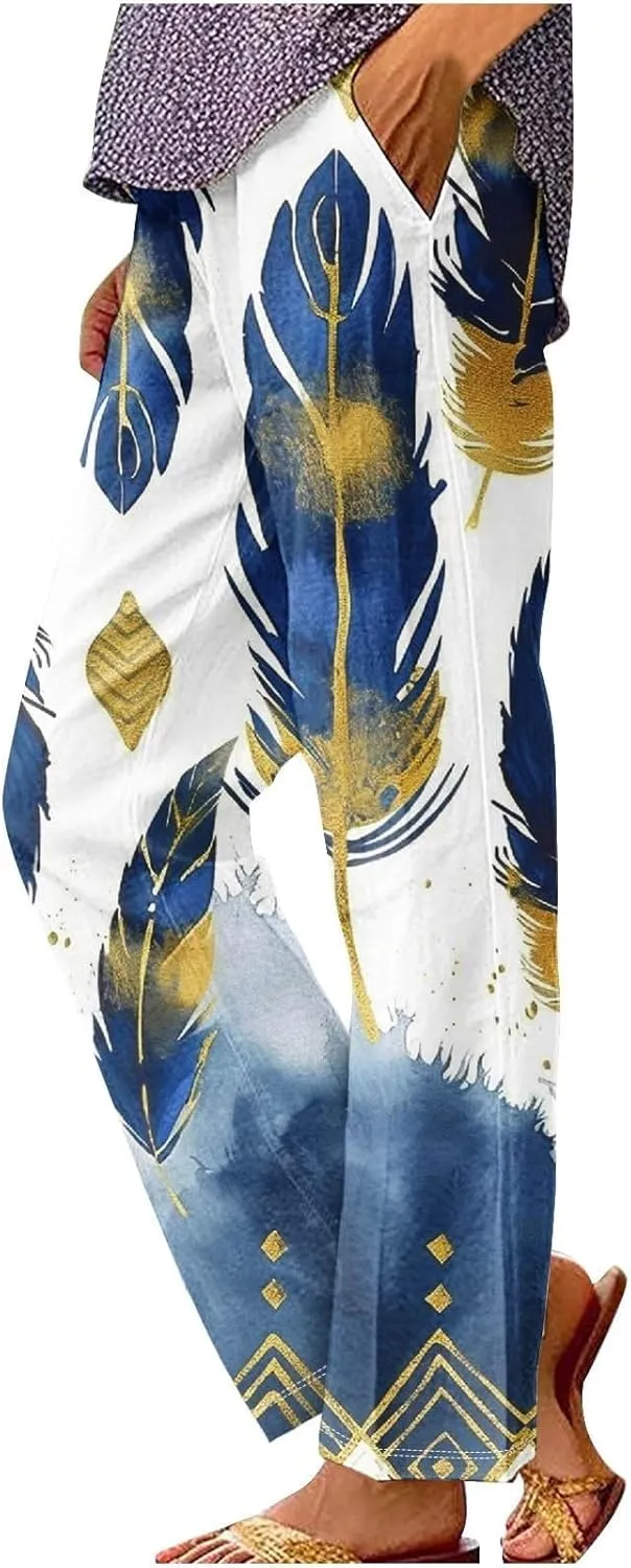 Woman Wide Leg Linen Pants 2025 Women's Botanical Floral Print Loose Pocket Casual Cotton and Linen Pants