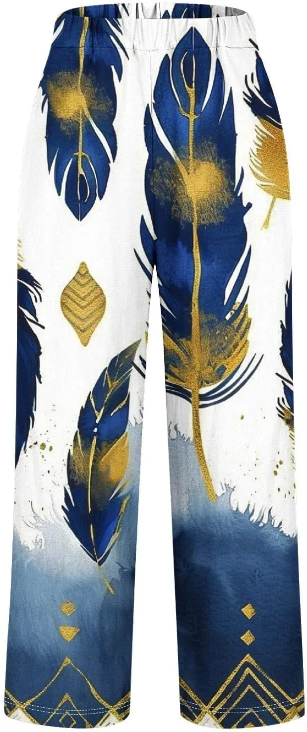 Woman Wide Leg Linen Pants 2025 Women's Botanical Floral Print Loose Pocket Casual Cotton and Linen Pants