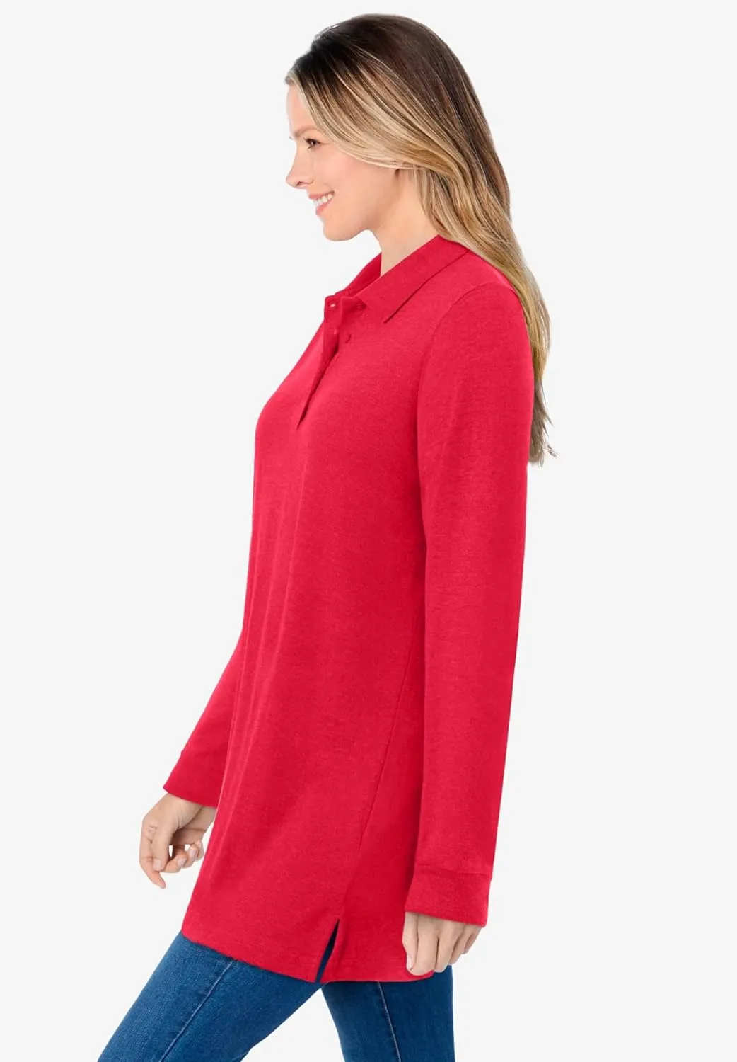 Woman Within Plus Size Long-Sleeve Polo Shirt