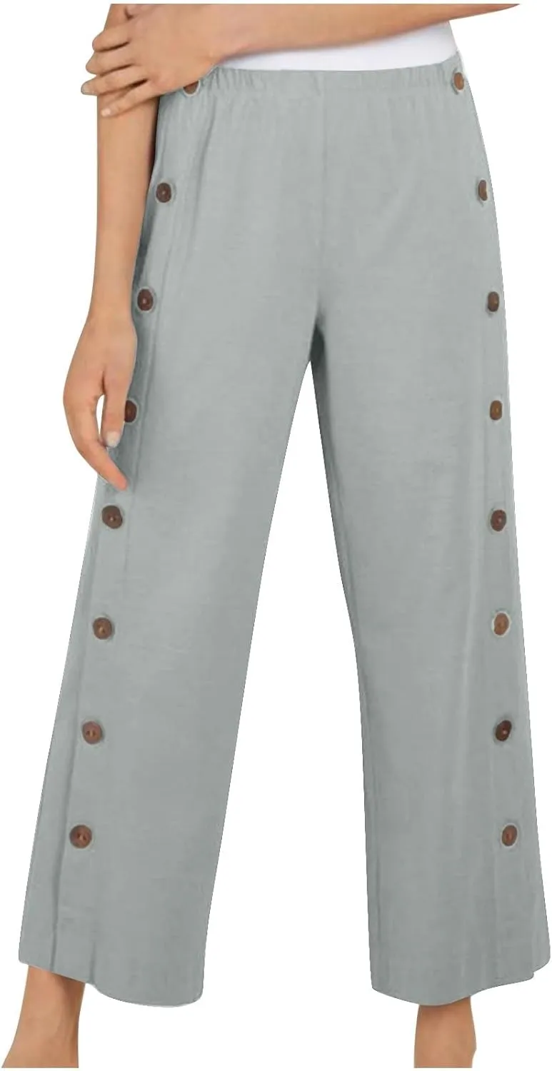 Women 2025 Summer Cotton Linen Pants High Waisted Wide Leg Trousers Trendy Side Button Elastic Waist Pants