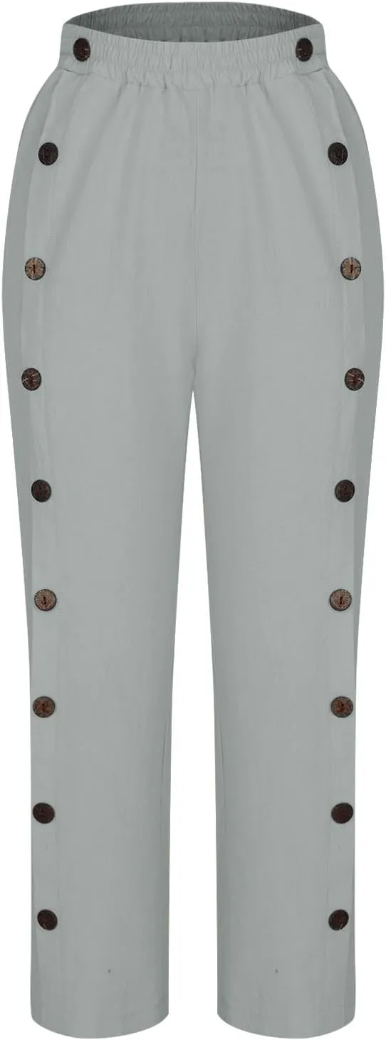 Women 2025 Summer Cotton Linen Pants High Waisted Wide Leg Trousers Trendy Side Button Elastic Waist Pants