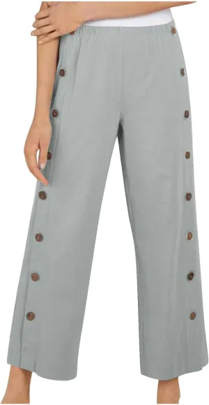 Women 2025 Summer Cotton Linen Pants High Waisted Wide Leg Trousers Trendy Side Button Elastic Waist Pants