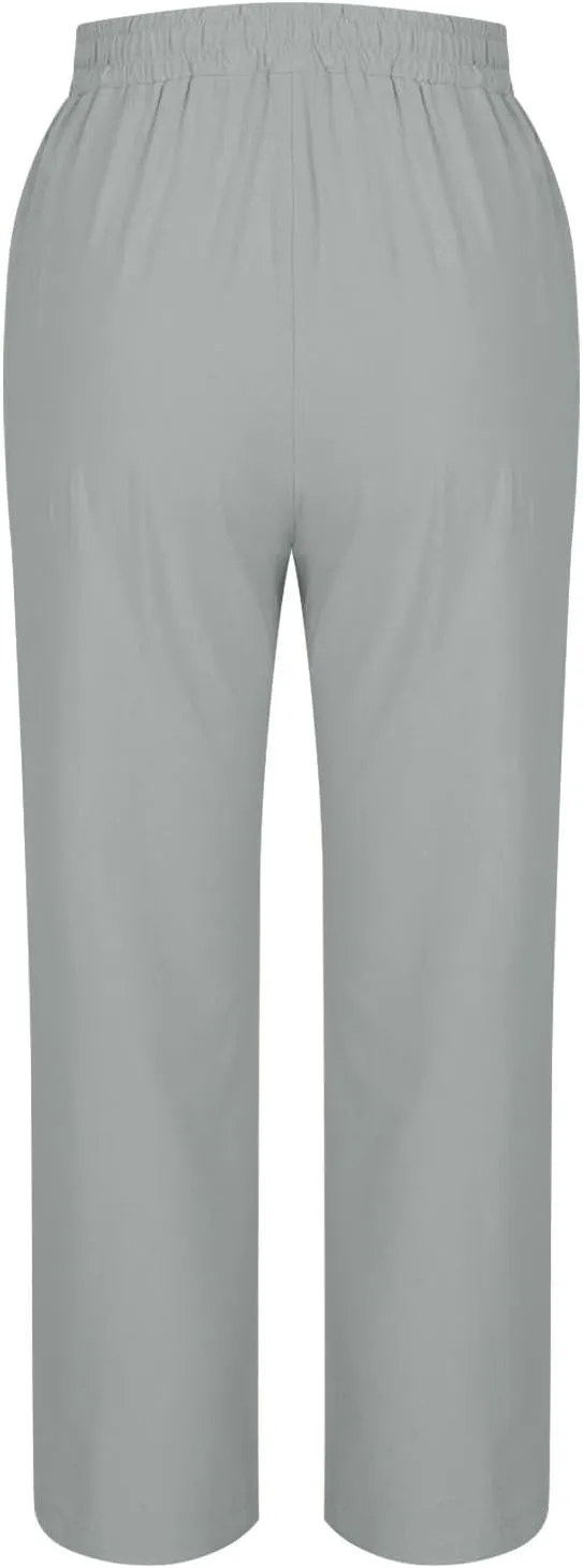 Women 2025 Summer Cotton Linen Pants High Waisted Wide Leg Trousers Trendy Side Button Elastic Waist Pants