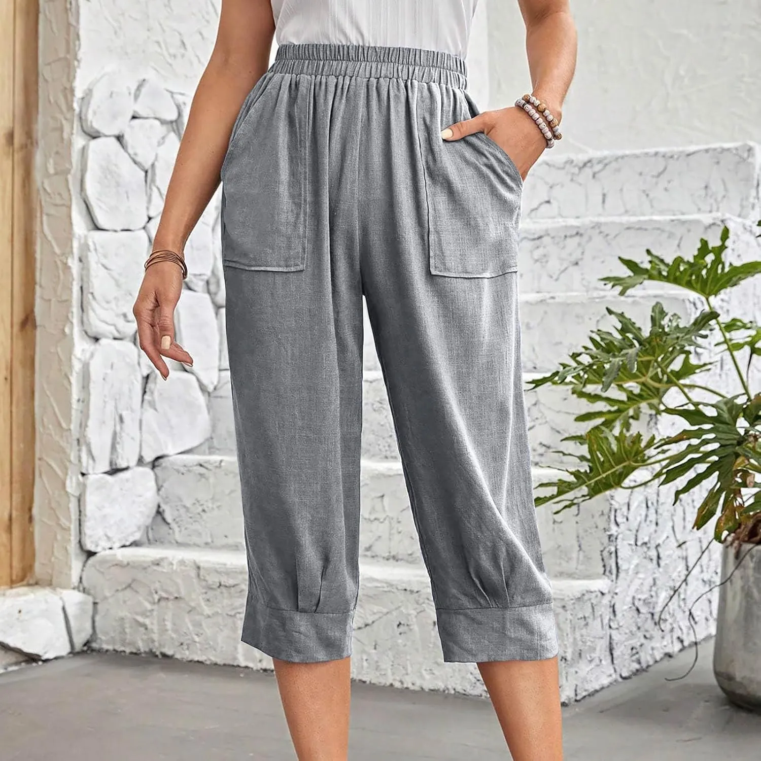 Women Capri Pants Fashion Casual Color Elastic Loose Pants Straight Wide Leg Trousers Vacation Outfits for Women