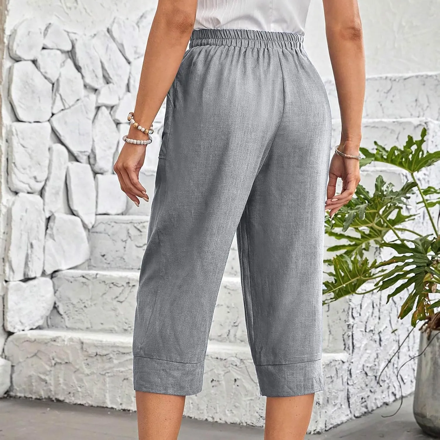 Women Capri Pants Fashion Casual Color Elastic Loose Pants Straight Wide Leg Trousers Vacation Outfits for Women
