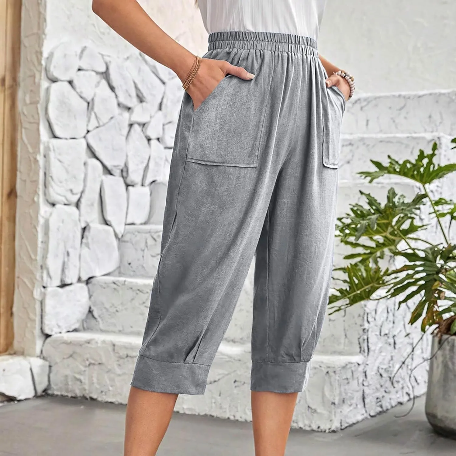 Women Capri Pants Fashion Casual Color Elastic Loose Pants Straight Wide Leg Trousers Vacation Outfits for Women