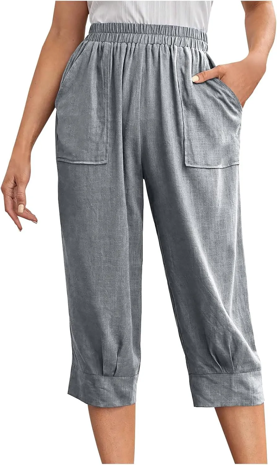 Women Capri Pants Fashion Casual Color Elastic Loose Pants Straight Wide Leg Trousers Vacation Outfits for Women