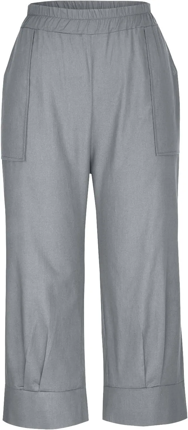 Women Capri Pants Fashion Casual Color Elastic Loose Pants Straight Wide Leg Trousers Vacation Outfits for Women