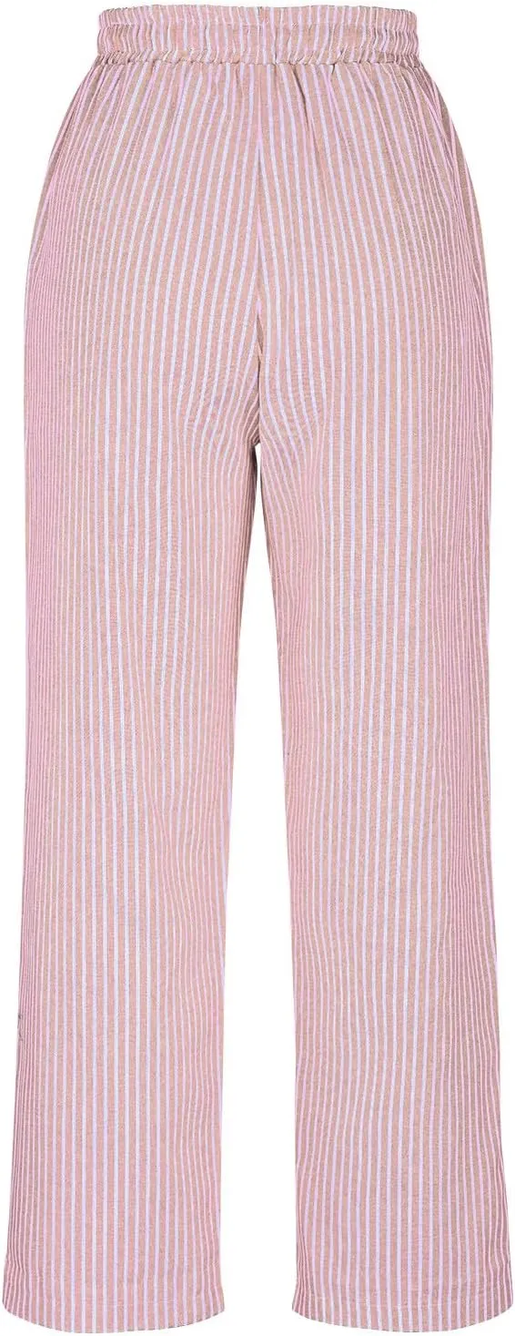 Women Cotton Linen Stripe Casual Pants, Fashion Drawstring Loose Straight Leg Trousers Summer Work Office Trendy Clothes