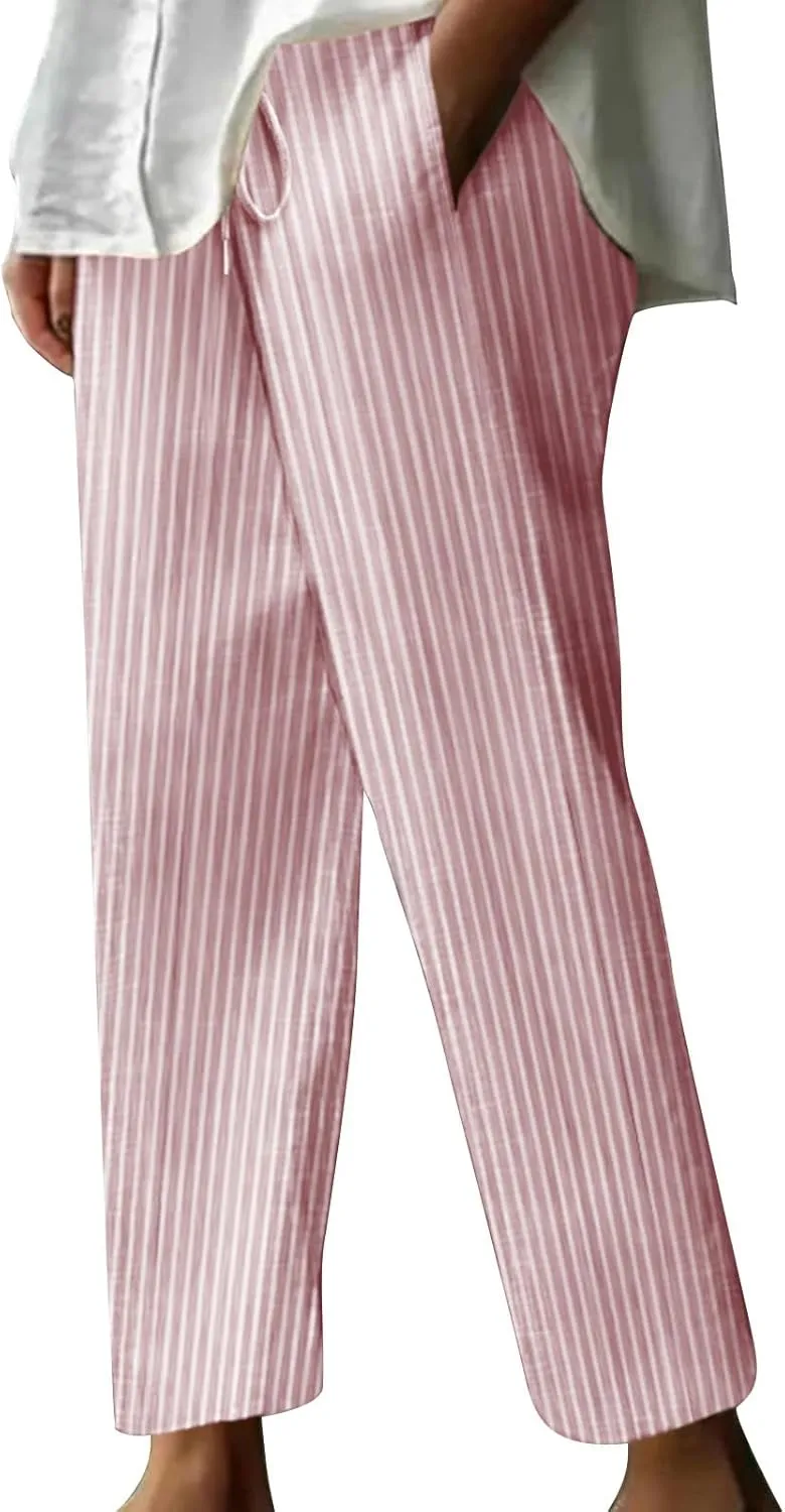Women Cotton Linen Stripe Casual Pants, Fashion Drawstring Loose Straight Leg Trousers Summer Work Office Trendy Clothes