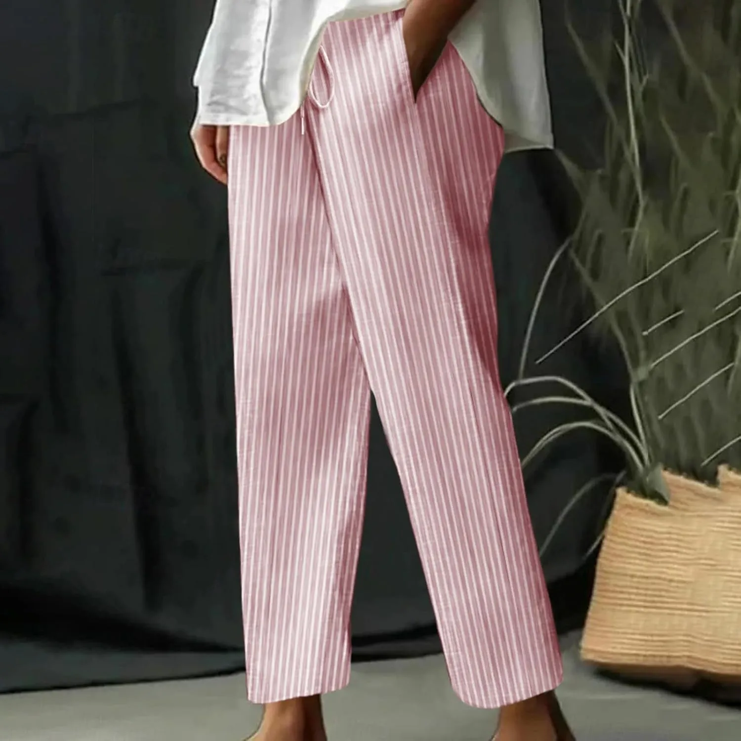 Women Cotton Linen Stripe Casual Pants, Fashion Drawstring Loose Straight Leg Trousers Summer Work Office Trendy Clothes