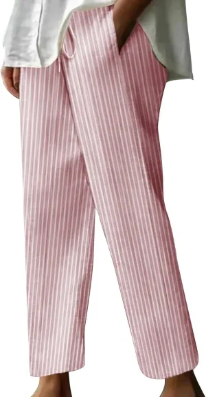 Women Cotton Linen Stripe Casual Pants, Fashion Drawstring Loose Straight Leg Trousers Summer Work Office Trendy Clothes