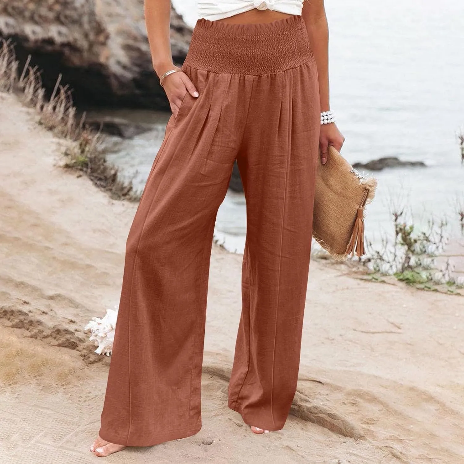 Women Cotton Linen Summer Fashion Palazzo Pants Elastic Waisted Stretchy Plus Size Palazzo Lounge Pants Beach