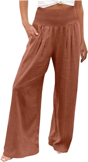 Women Cotton Linen Summer Fashion Palazzo Pants Elastic Waisted Stretchy Plus Size Palazzo Lounge Pants Beach