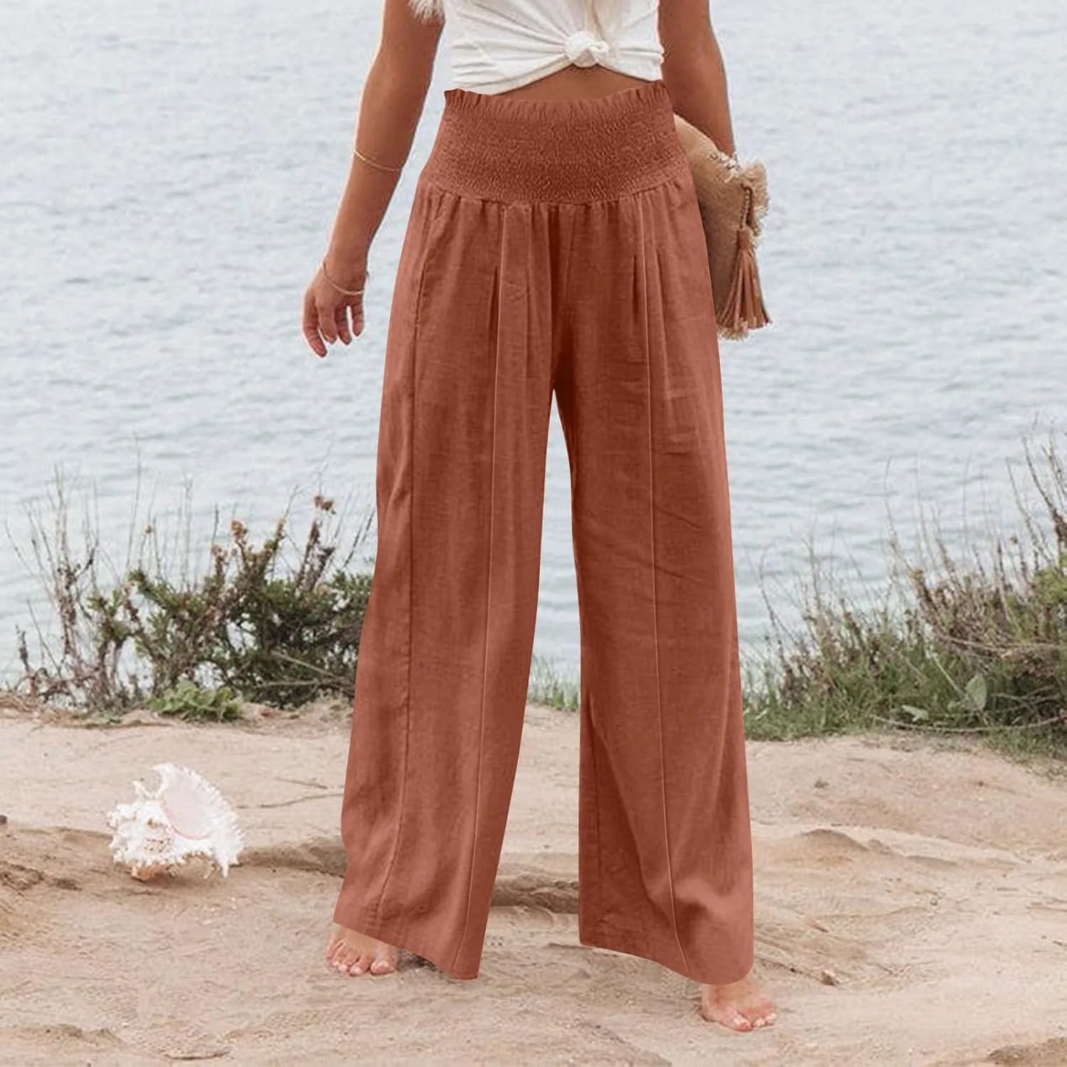 Women Cotton Linen Summer Fashion Palazzo Pants Elastic Waisted Stretchy Plus Size Palazzo Lounge Pants Beach