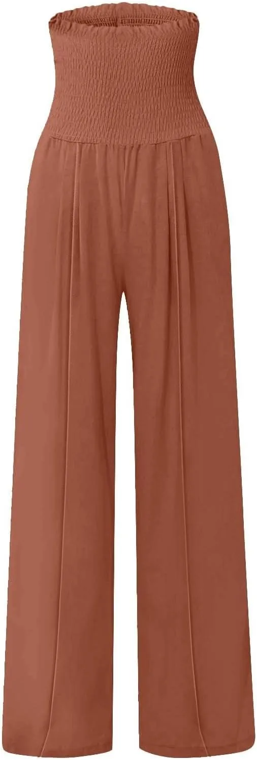 Women Cotton Linen Summer Fashion Palazzo Pants Elastic Waisted Stretchy Plus Size Palazzo Lounge Pants Beach