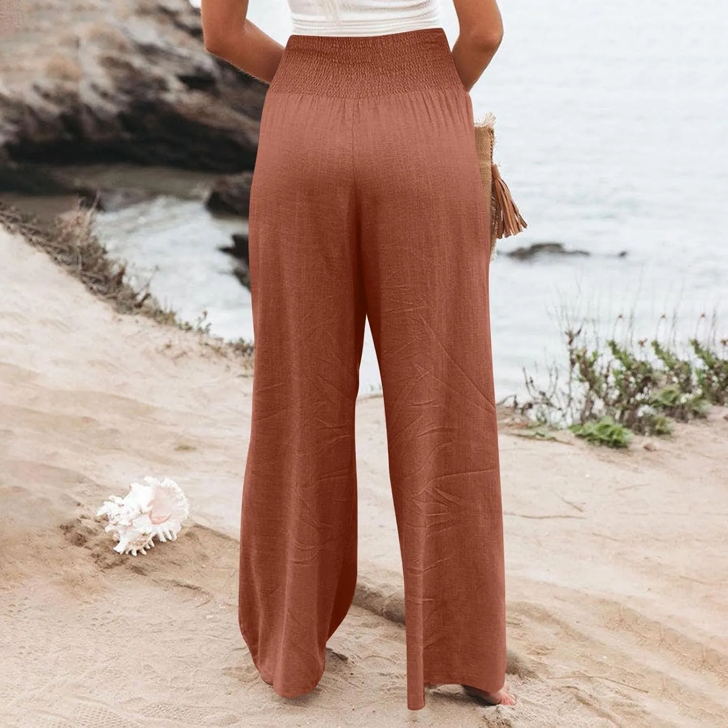 Women Cotton Linen Summer Fashion Palazzo Pants Elastic Waisted Stretchy Plus Size Palazzo Lounge Pants Beach