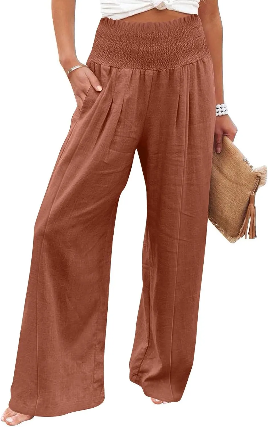 Women Cotton Linen Summer Fashion Palazzo Pants Elastic Waisted Stretchy Plus Size Palazzo Lounge Pants Beach