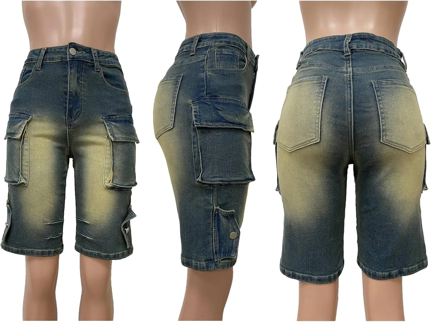 Women Distressed Jean Shorts Y2K Stretchy High Waist Straight Leg Bermuda Denim Short with Pockets