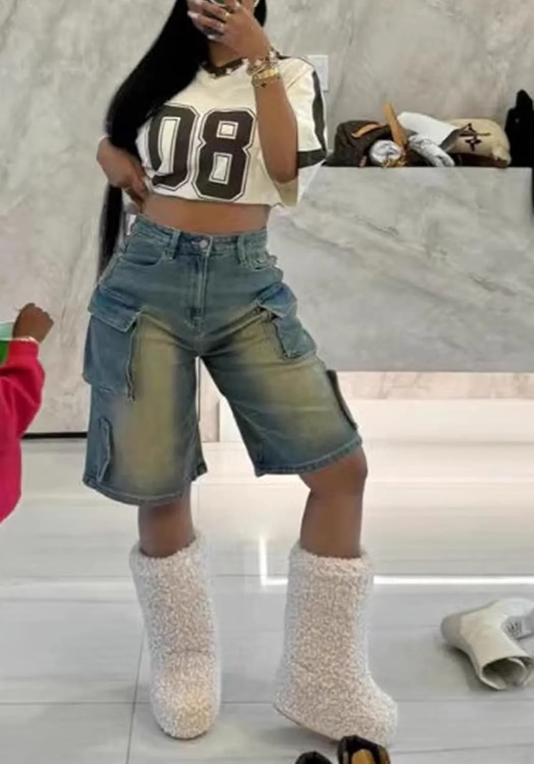 Women Distressed Jean Shorts Y2K Stretchy High Waist Straight Leg Bermuda Denim Short with Pockets