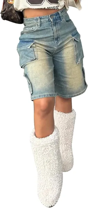 Women Distressed Jean Shorts Y2K Stretchy High Waist Straight Leg Bermuda Denim Short with Pockets