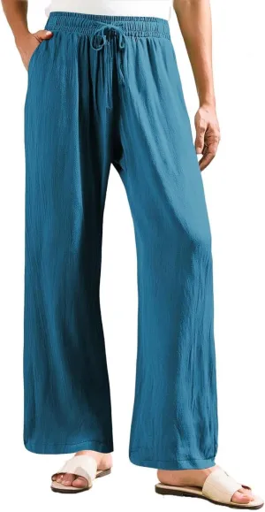 Women Flowy Linen Palazzo Pants Drawstring Elastic Waist Wide Leg Trousers Summer Beach Loose Fit Slacks with Pockets