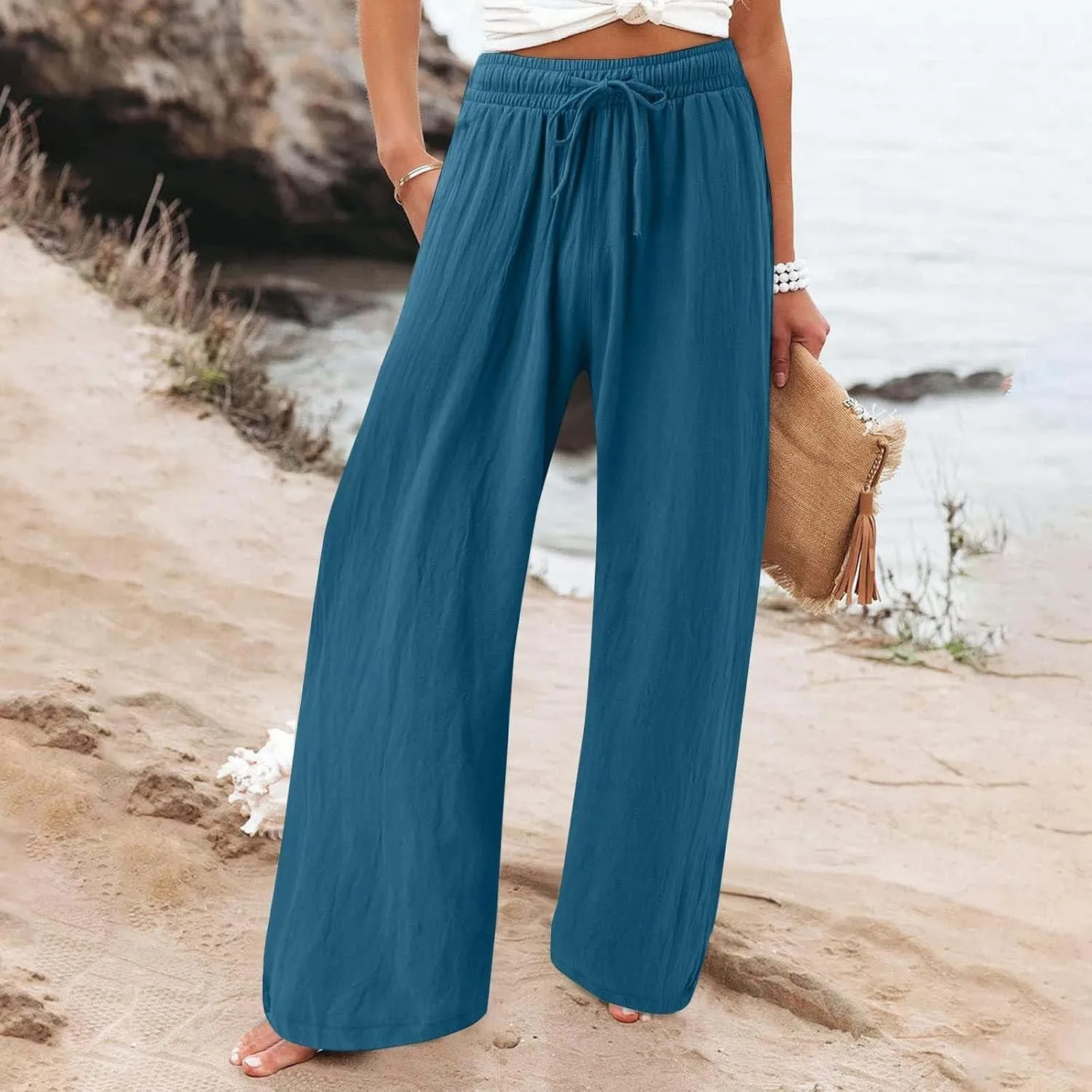 Women Flowy Linen Palazzo Pants Drawstring Elastic Waist Wide Leg Trousers Summer Beach Loose Fit Slacks with Pockets