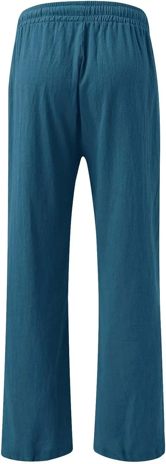 Women Flowy Linen Palazzo Pants Drawstring Elastic Waist Wide Leg Trousers Summer Beach Loose Fit Slacks with Pockets