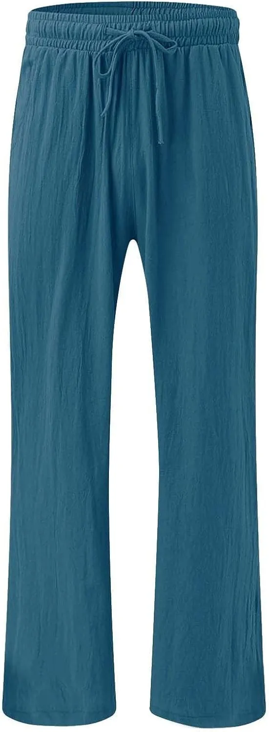 Women Flowy Linen Palazzo Pants Drawstring Elastic Waist Wide Leg Trousers Summer Beach Loose Fit Slacks with Pockets