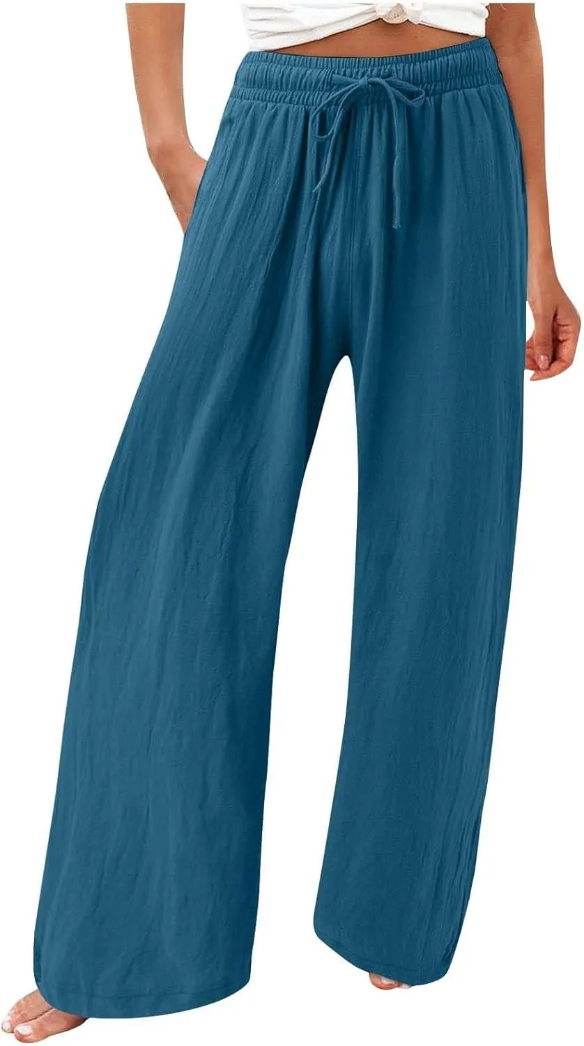 Women Flowy Linen Palazzo Pants Drawstring Elastic Waist Wide Leg Trousers Summer Beach Loose Fit Slacks with Pockets